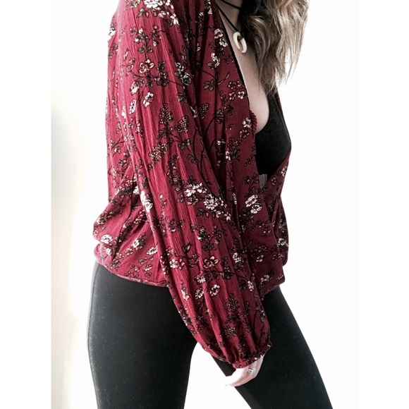 Burgundy Floral Surplice Wrap Top - Picture 2 of 2